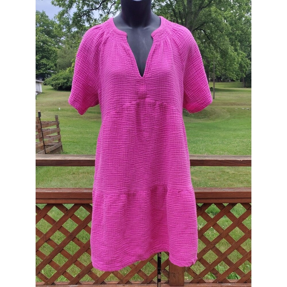GAP Hot Pink 100% Cotton Short Sleeve V Neck Muslin Cottagecore Dress Size Large